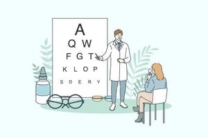 oftalmologi och ögonläkare begrepp. ung man läkare ögonläkare framställning öga testa använder sig av Diagram för Sammanträde kvinna patient vektor illustration