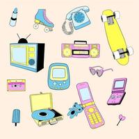 Sammlung von 80er-90er-Elementen. Rollschuh, Kassette, Skateboard, Recorder, Fernseher, Sonnenbrille, Telefon. Druck der alten Schule. isolierte Doodle-Vektor-Illustration vektor