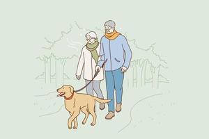 senior människor Lycklig livsstil begrepp. positiv äldre par tecknad serie tecken gående hund i parkera tillsammans utgifterna tid tillsammans utomhus- vektor illustration