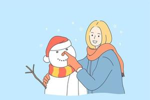 genießen sie den winter und aktivitäten im freien konzept. junge lächelnde frau zeichentrickfigur, die schneemann macht und die winterzeit mit schnee im freien vektorillustration genießt vektor