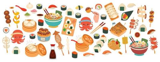 stor uppsättning av japansk mat. vektor för klistermärken, vykort, anteckningsbok. japansk Kafé, bar, restaurang