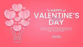 glücklicher valentinstagverkauf mit herzballonpapierschnittart auf rosa hintergrund vektor