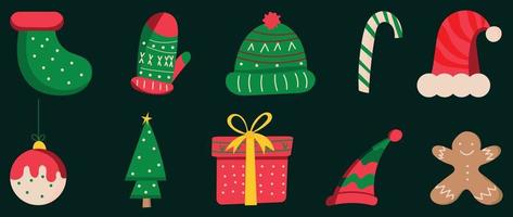 uppsättning av vinter- vibrerande jul element vektor illustration. samling av strumpa, handske, pepparkaka man, stickat hatt, gåva låda, jul träd. design för klistermärke, kort, affisch, inbjudan, hälsning.