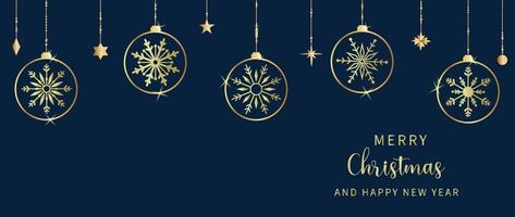 lyx jul och Lycklig ny år begrepp bakgrund vektor. elegant guld hängande struntsak boll linje konst dekorerad med snöflinga på mörk blå bakgrund. design för tapet, kort, omslag, affisch. vektor