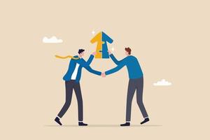 Joint-Venture-Geschäftspartnerschaft vereinbaren, Ressourcen zu teilen und zusammenzuarbeiten, um dasselbe Ziel zu erreichen, Fusion oder Übernahme, Kooperationskonzept, Geschäftsmann-Handshake verbinden Wachstumspfeil-Puzzle.
