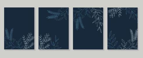 Frohe Feiertage Abdeckung Vorlage Vektor-Set. botanischer blumenblattzweiglinie kunstrahmen auf dunkelblauem hintergrund. Designillustration für Einladungskarte, Unternehmen, Gruß, Tapete, Banner, Poster. vektor