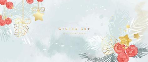 Luxus-Winter-Kunst-Hintergrund-Vektor-Illustration. handgemalte aquarelldekorative beere, tannenzapfen, blätter, goldener stern, goldene linienkunst. Design für Druck, Dekoration, Poster, Tapeten, Banner. vektor