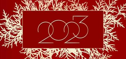 2023 frohes neues Hintergrunddesign. Roter Hintergrund mit goldenem Weihnachtsbaum. grußkarte, banner, plakat. Vektor-Illustration. vektor