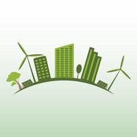 ikon, klistermärke, knapp, logotyp på de tema av sparande och förnybar energi med stad, hus, sol- paneler och vind turbiner i grön färger vektor