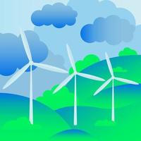 ikon, klistermärke, knapp på de tema av sparande och förnybar energi med landskap med vind turbiner i neon färger vektor