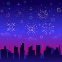 blaues Feuerwerk mit Stadtsilhouette vektor