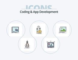 Codierung und App-Entwicklungslinie gefüllt Icon Pack 5 Icon Design. Information. Analyse. Tasche. dokumentieren. Kodierung vektor