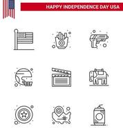 packung mit 9 feierlinien zum unabhängigkeitstag der usa, zeichen und 4. juli symbole wie united sport gun helm amerikanisch editierbare usa day vektordesignelemente vektor