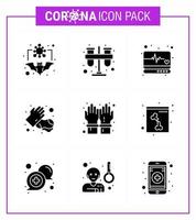 Coronavirus 9 Solid Glyph Black Icon Set zum Thema Corona-Epidemie enthält Icons wie Händewaschen Praktikum Seifenüberwachung Virus-Coronavirus 2019nov Krankheitsvektor-Designelemente vektor