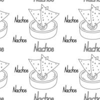 sömlös mönster med mexikansk majs pommes frites nachos och sås i en skål med text nachos förbi hand vektor