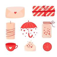 Satz von Elementen für st. Valentinstag im Doodle-Stil auf weißem Hintergrund. Geschenk, Herz, Ballon, Schlüssel, Süßigkeiten, Regenschirm. Aufkleber im Cartoon-Stil. vektor