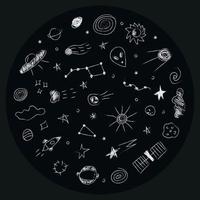 klotter kosmos illustration uppsättning i barnslig stil i cirkel, design ClipArt. hand dragen abstrakt Plats element. svart och vit. vektor