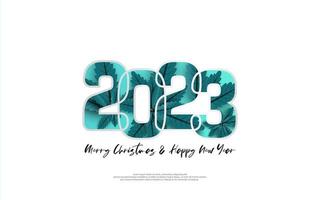 Lycklig ny år 2023 och glad jul dag. design blå löv inuti siffra på vit bakgrund. vektor
