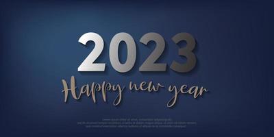 Lycklig ny år 2023. metall siffra och text på blå lutning bakgrund. vektor