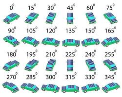 en uppsättning av 24 sol- bilar från annorlunda vinklar. vektor