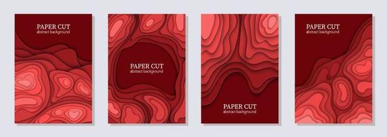 vertikaler Vektorsatz von 4 roten Fliegern mit Papierschnittwellenformen. 3D abstrakte Papierkunst, Design-Layout für Geschäftspräsentationen, Flyer, Poster, Drucke, Dekoration, Karten, Broschüren-Cover. vektor