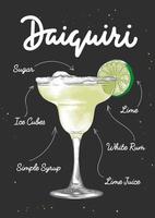 Vektorgravierte Daiquiri-Cocktail-Illustration für Poster, Dekoration, Logo und Druck. handgezeichnete skizze mit beschriftung und rezept, getränkezutaten. detaillierte bunte Zeichnung. vektor