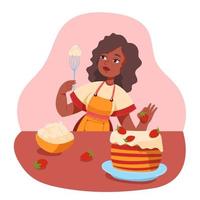 junge schöne afrikanische frau in einer gelben schürze, die einen kuchen mit erdbeeren und sahne kocht vektor