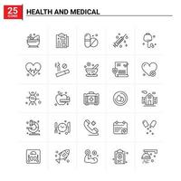 25 gesetzter Vektorhintergrund der Gesundheits- und medizinischen Ikone vektor