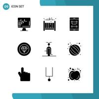 Gruppe von 9 soliden Glyphen Zeichen und Symbolen für gefüllte Leistung mobile Schmuckleistungen editierbare Vektordesign-Elemente vektor