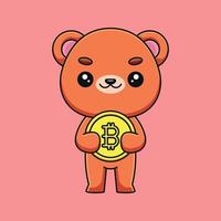 niedlicher bär, der bitcoin-karikaturmaskottchen-gekritzelkunsthandgezeichnete umrisskonzeptvektorkawaii-ikonenillustration hält vektor