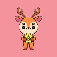 niedliche hirsche halten bitcoin cartoon maskottchen gekritzel kunst hand gezeichnet umriss konzept vektor kawaii symbol illustration