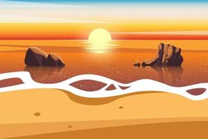 Strand Küste Meer Ozeanlandschaft bei Sonnenuntergang Hintergrund Vektor Illustration