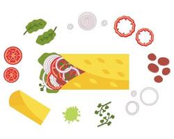 vegan böna mexikansk snabbmat burrito recept Ingredienser. vektor