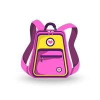 Schul-, Vorschul- oder College-Rucksack, Farben Pink, Magenta, Violett und Gelb, mit Taschen und Reißverschlüssen, mit Herzabzeichen. Vorderansicht, geschlossener stylischer Rucksack für Mädchen. isoliertes Bild vektor