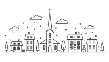 Vorstadtviertel Winterlandschaft. Silhouette von Häusern und Kirche auf der Skyline mit Schneeflocken. Landhäuser. Umriss-Vektor-Illustration. vektor
