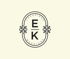 ek initials brief hochzeitsmonogramm logos vorlage, handgezeichnete moderne minimalistische und florale vorlagen für einladungskarten, datum speichern, elegante identität. vektor