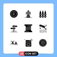 Stock Vector Icon Pack mit 9 Zeilenzeichen und Symbolen für Spulenraumzaun Motel Richtung editierbare Vektordesign-Elemente