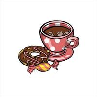 tasse kaffee mit donut- und süßigkeitsillustration vektor