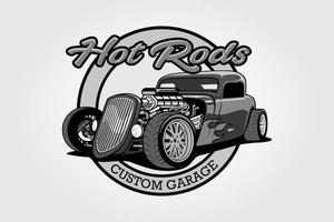 Hot Rods Kostüm Garage Vektor-Logo-Vorlage. Vektorlogo schwarz-weißes Design mit Illustration von Hot Rods. vektor