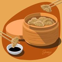 illustration av kinesisk Jiaozi klimpar och bambu ångkokare. ätpinnar håll klimpar och dopp i soja sås. orange bakgrund. lämplig för utskrift på textilier och papper kök illustration vektor