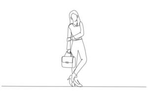 Illustration der schönen glücklichen Geschäftsfrau, die eine Tasche hält. Einzeiliger Kunststil vektor