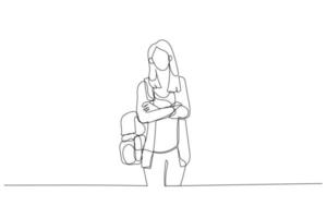 teckning av högskola flicka stående med ryggsäck i hans axel. Framställ för offentliggörande. enda kontinuerlig linje konst vektor