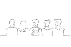 teckning av grupp av studenter med påsar i skola, tillbaka se. enda kontinuerlig linje konst stil vektor
