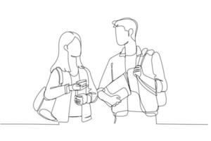 Zeichnung von Studentenfreunden in Freizeitkleidung, die miteinander reden und auf der Straße spazieren gehen. einzelne fortlaufende Strichzeichnungen vektor