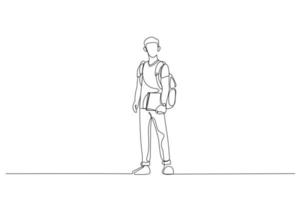 illustration eines glücklichen studenten, der mit rucksack und ordnern steht. Kunststil mit einer durchgehenden Linie vektor