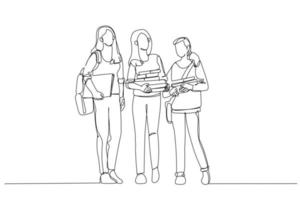 Illustration der Bildungszeit für drei jugendliche Studentinnen mit Schulbüchern. Einzeiliger Kunststil vektor