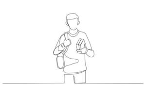 Illustration eines jungen Teenagers mit Schulrucksack und Büchern. Einzeiliger Kunststil vektor