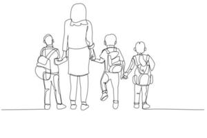 zeichnung von mutter und kindern, die händchen haltend mit schultasche zur schule gehen. Kunststil mit durchgehender Linie vektor