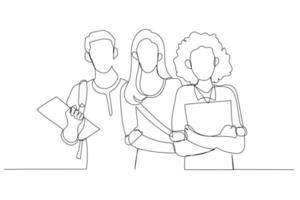 Zeichnung einer glücklichen Gruppe von Studenten, die zusammen Notizbücher halten und posieren. Kunststil mit einer durchgehenden Linie vektor