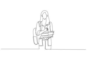 Illustration einer Studentin mit Rucksack, die in einem Notizblock schreibt, während sie mit Büchern steht. Einzeiliger Kunststil vektor